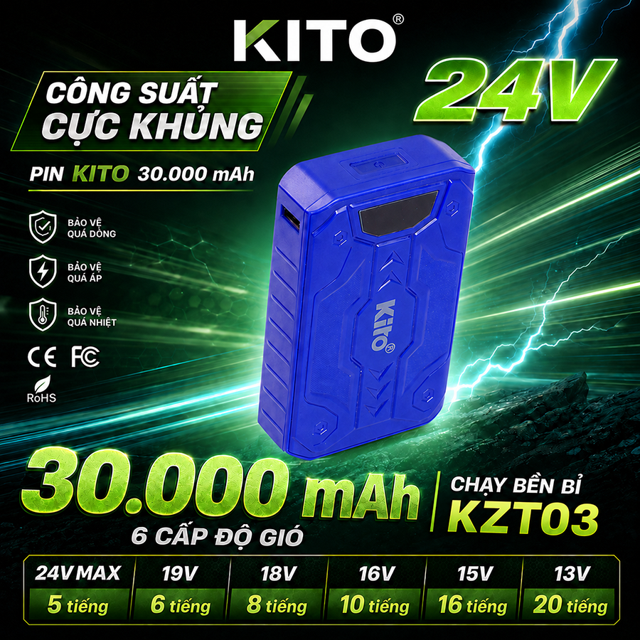 Áo Điều Hòa Kito Dùng Được Bao Lâu? Cách Tăng Tuổi Thọ Quạt Và Pin Hiệu Quả 3 pin kito 24v toc do gio